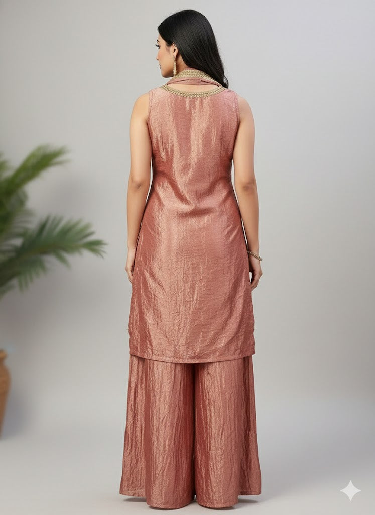 Metallic Antique Rose Gold Crush Art Silk Handwork Kurti Set with Palazzo