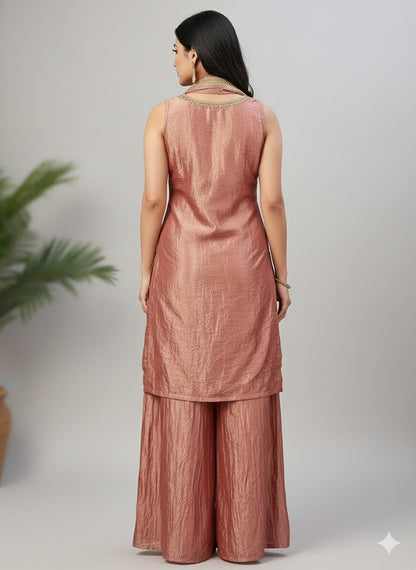 Metallic Antique Rose Gold Crush Art Silk Handwork Kurti Set with Palazzo