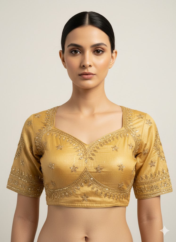 Golden Cotton Silk Embroidered Blouse White