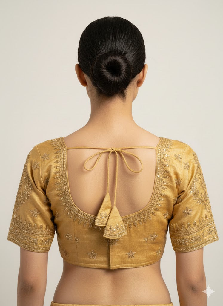 Golden Cotton Silk Embroidered Blouse