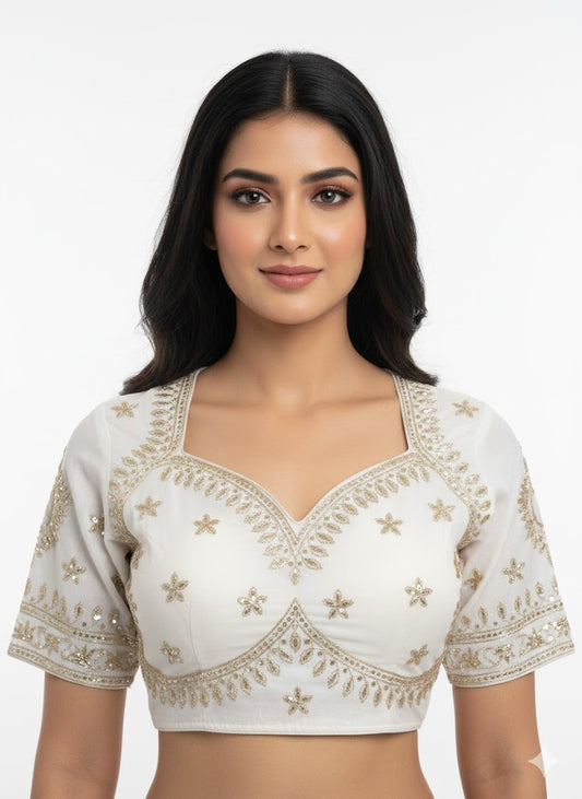 White Cotton Silk Embroidered Blouse
