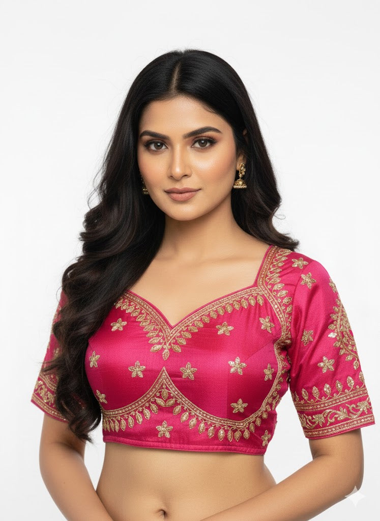 Rani Pink Cotton Silk Embroidered Blouse Sky Blue