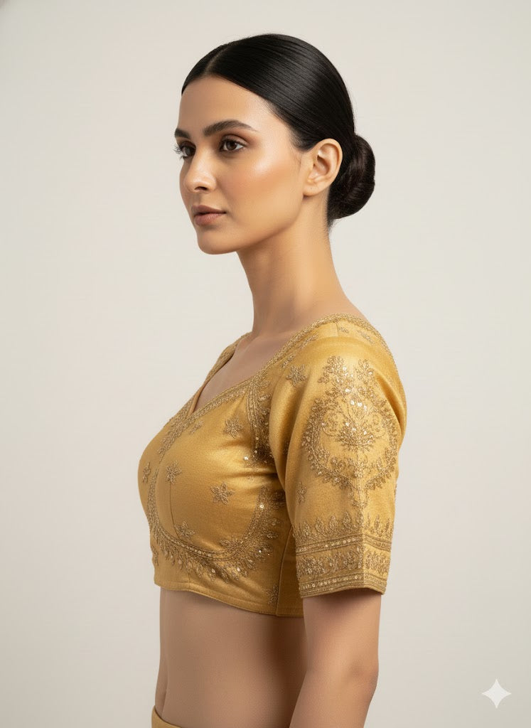 Golden Cotton Silk Embroidered Blouse