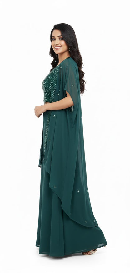 💚 Sparkling Dark Green Georgette Palazzo Shrug Set