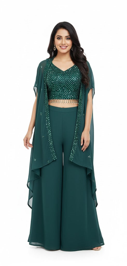 💚 Sparkling Dark Green Georgette Palazzo Shrug Set