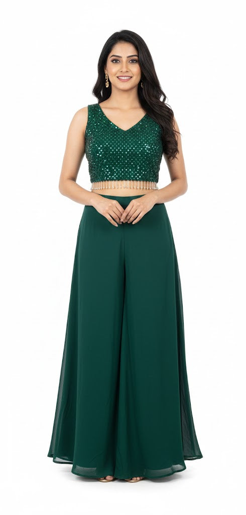 💚 Sparkling Dark Green Georgette Palazzo Shrug Set
