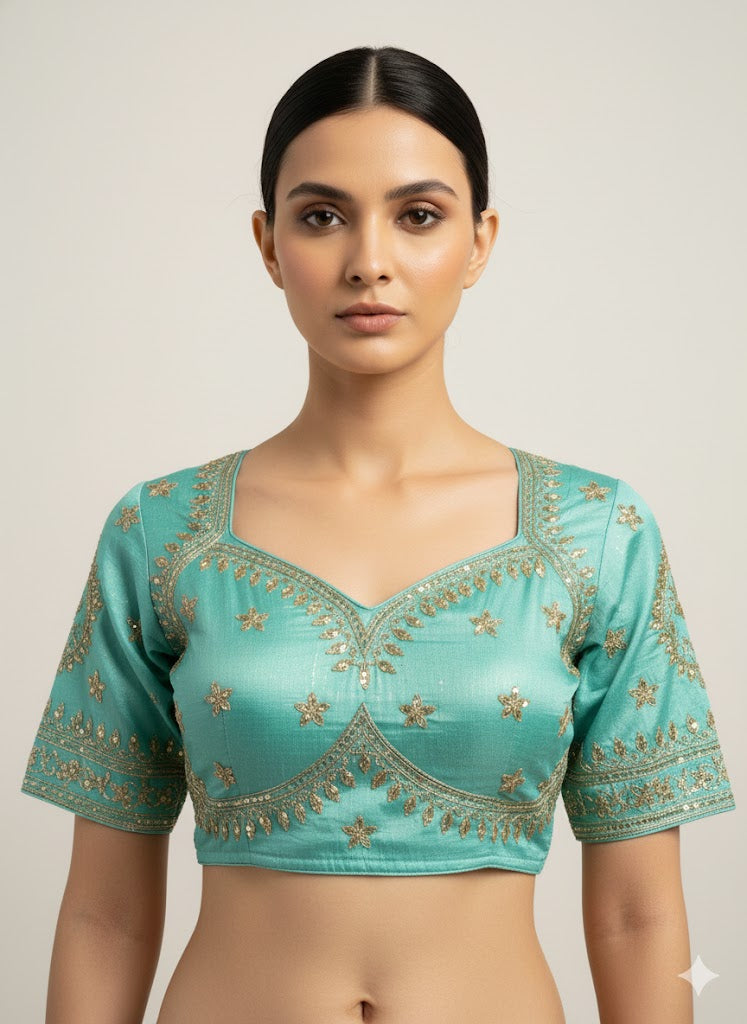 Sky Blue/Firozy Cotton Silk Embroidered Blouse Drak Geen