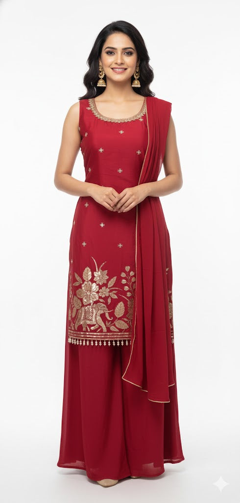 Dazzling Rani Pink Art Silk Kurta Palazzo Set