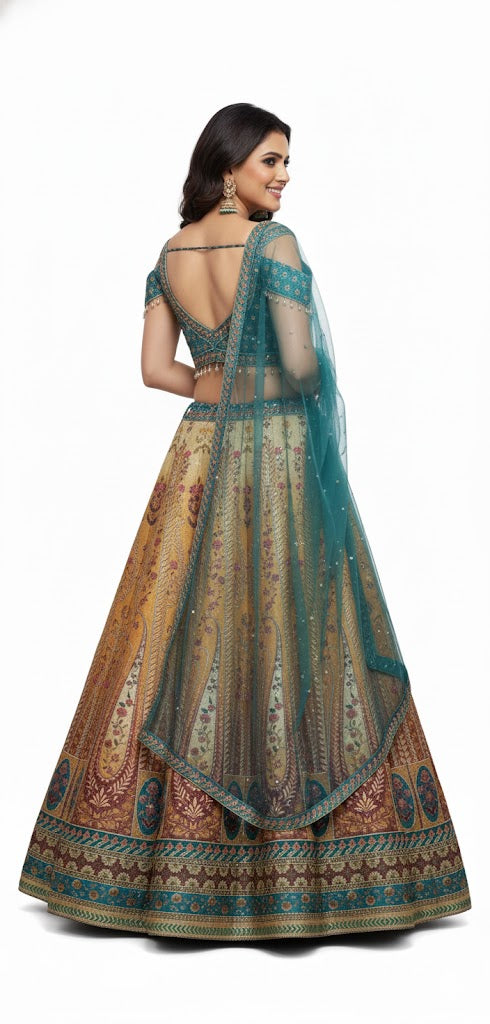 💎 Striking Firozy & Golden Art Silk Lehenga Crop Top Set