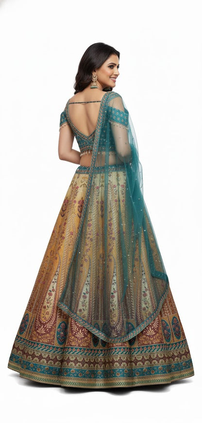 💎 Striking Firozy & Golden Art Silk Lehenga Crop Top Set