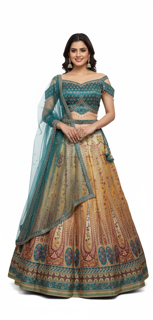💎 Striking Firozy & Golden Art Silk Lehenga Crop Top Set