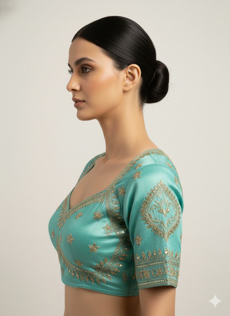 Sky Blue/Firozy Cotton Silk Embroidered Blouse