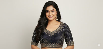 Elegant Navy Blue Cotton Silk Embroidered Blouse