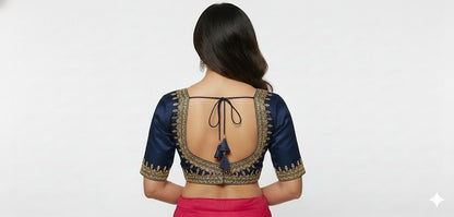 Elegant Navy Blue Cotton Silk Embroidered Blouse