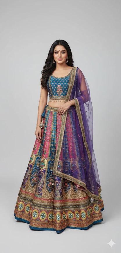 Striking Purple & Golden Art Silk Lehenga Crop Top Set