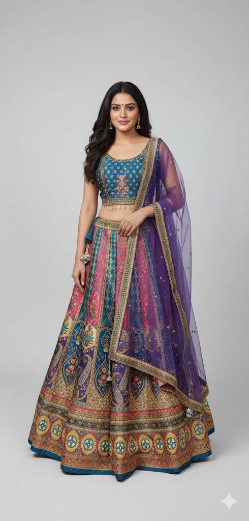 Striking Purple & Golden Art Silk Lehenga Crop Top Set