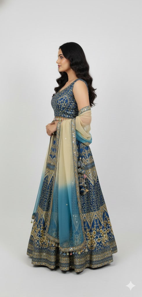 Striking Blue & Golden Art Silk Lehenga Crop Top Set
