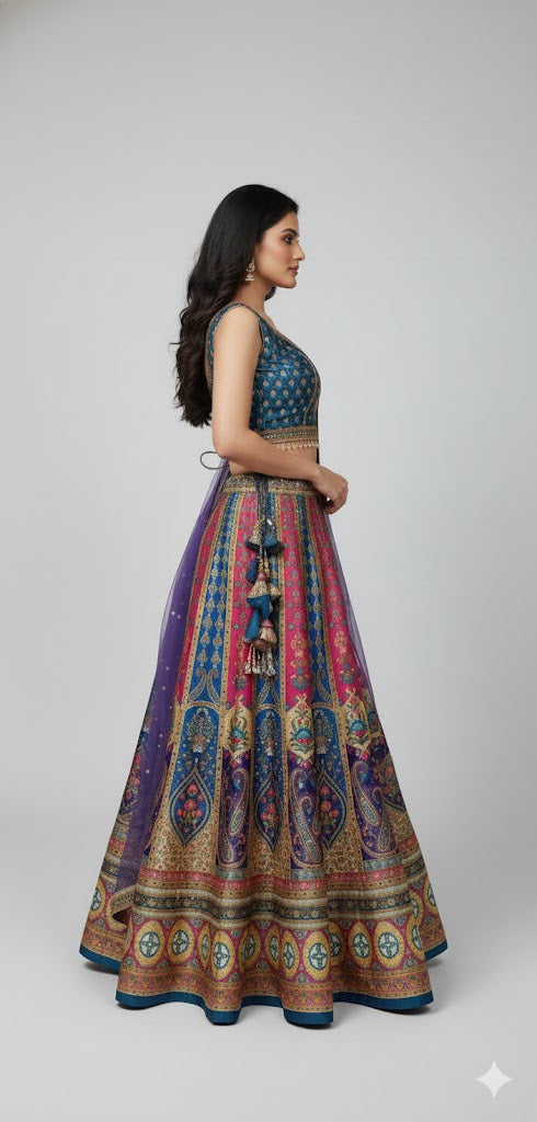 Striking Purple & Golden Art Silk Lehenga Crop Top Set