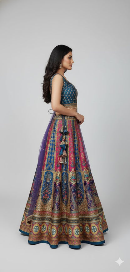Striking Purple & Golden Art Silk Lehenga Crop Top Set