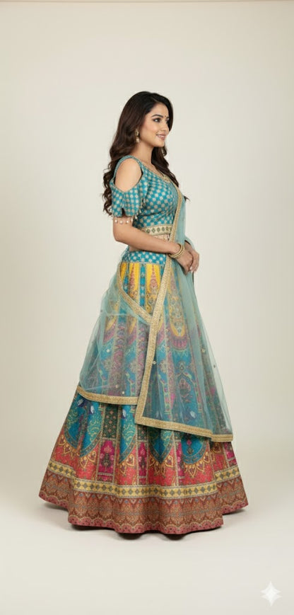 Striking Firozy & Yellow Art Silk Lehenga Crop Top Set