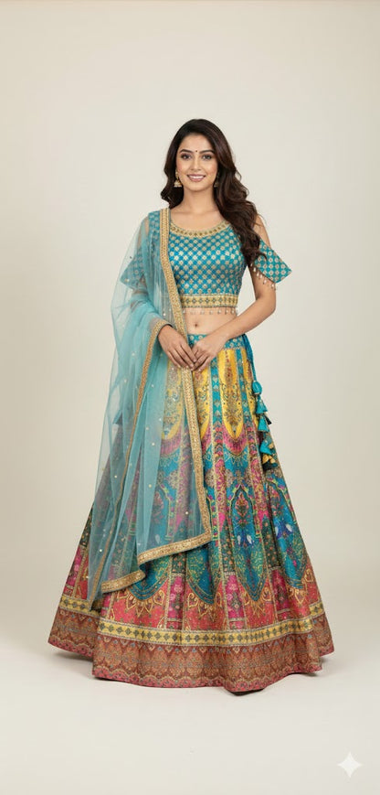 Striking Firozy & Yellow Art Silk Lehenga Crop Top Set
