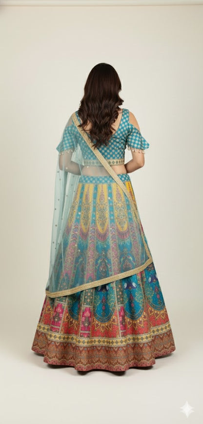 Striking Firozy & Yellow Art Silk Lehenga Crop Top Set