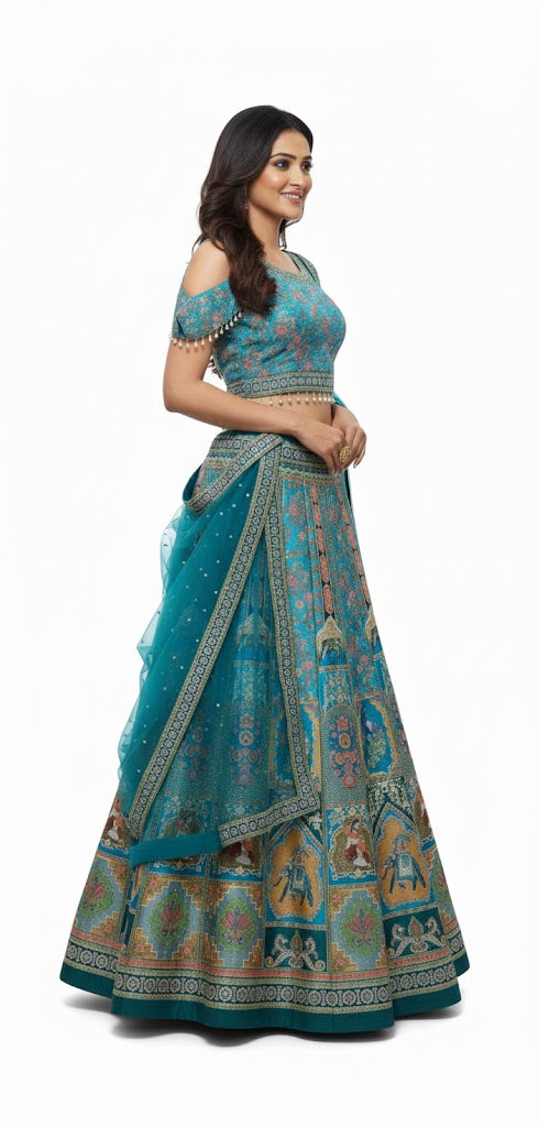 Striking Blue  Art Silk Lehenga Crop Top Set