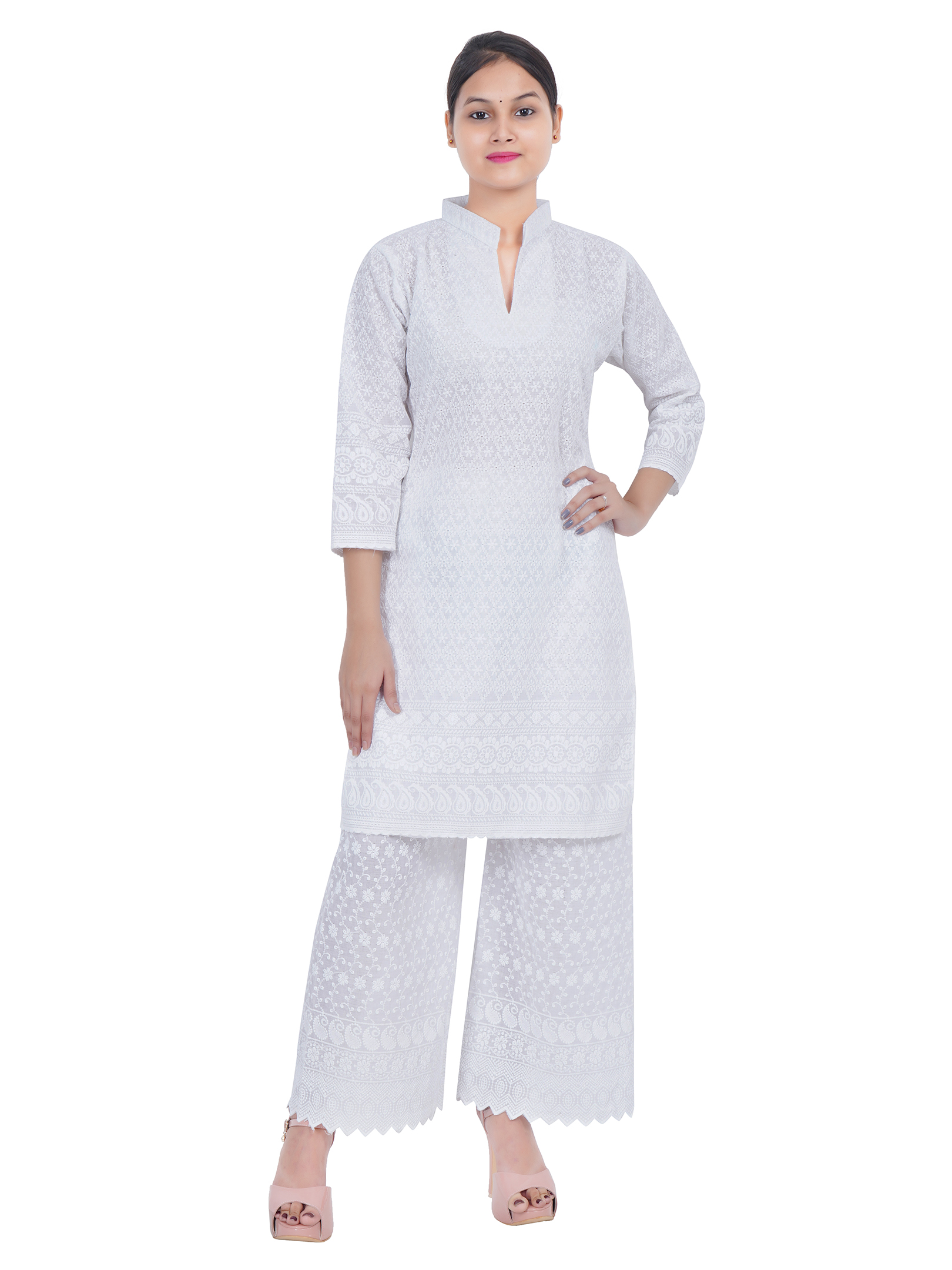 Buy Musterd Pure Cotton Casual Wear Chikan Work Kurti With Palazzo Online  From Wholesale Salwar.
